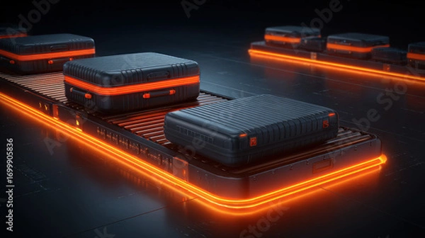 Fototapeta x-ray style image of suitcase contents on conveyor belt glowing edges no text high contrast illustration concept scene visual for commercial design use high detail quality stock image illustration