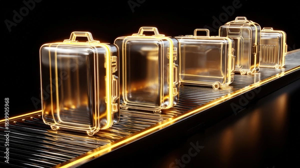 Fototapeta x-ray style image of suitcase contents on conveyor belt glowing edges no text high contrast illustration concept scene visual for commercial design use high detail quality stock image illustration