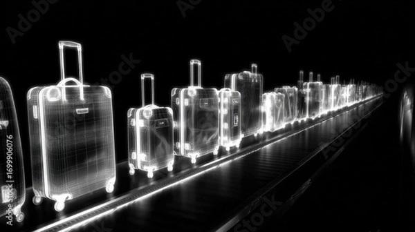 Fototapeta x-ray style image of suitcase contents on conveyor belt glowing edges no text high contrast illustration concept scene visual for commercial design use high detail quality stock image illustration