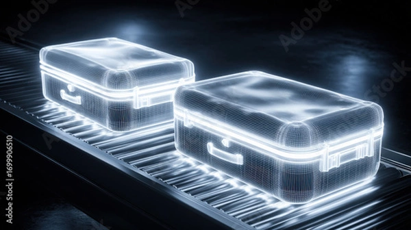 Fototapeta x-ray style image of suitcase contents on conveyor belt glowing edges no text high contrast illustration concept scene visual for commercial design use high detail quality stock image illustration