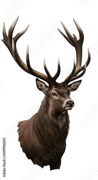 Fototapeta Detailed illustration of a stag's head, showcasing intricate antler and fur details, presented against a plain white backdrop.