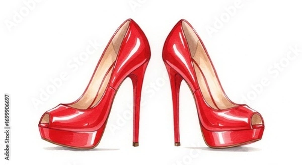 Fototapeta Pair of elegant, glossy red high-heeled shoes with open-toe design, showcasing a meticulously detailed watercolor illustration.