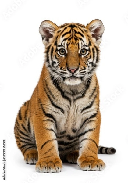 Fototapeta A small tiger cub sits patiently, captivatingly gazing directly at the viewer, its striped orange and black coat a striking pattern against a pristine white background.