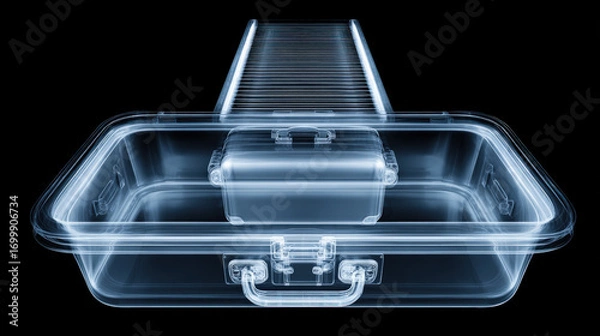 Fototapeta x-ray style image of suitcase contents on conveyor belt glowing edges no text high contrast illustration concept scene visual for commercial design use high detail quality stock image illustration