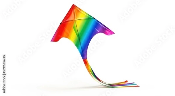 Fototapeta A vibrant rainbow-colored kite, angled against a plain white backdrop, displays its colorful design.