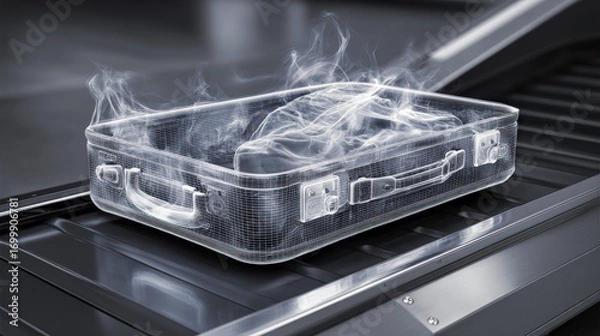 Fototapeta x-ray style image of suitcase contents on conveyor belt glowing edges no text high contrast illustration concept scene visual for commercial design use high detail quality stock image illustration