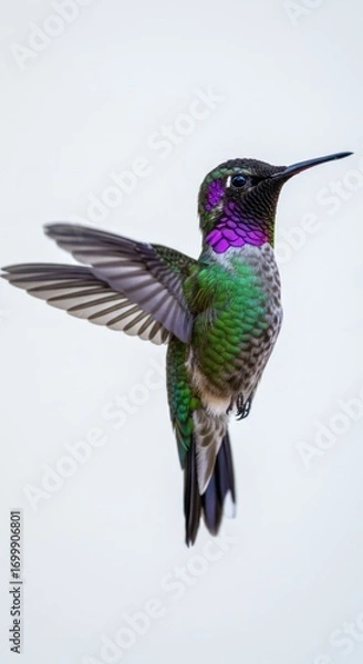 Fototapeta A vibrant hummingbird in flight, showcasing its intricate plumage and graceful wings against a plain backdrop.