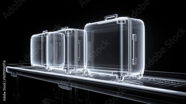 Fototapeta x-ray style image of suitcase contents on conveyor belt glowing edges no text high contrast illustration concept scene visual for commercial design use high detail quality stock image illustration