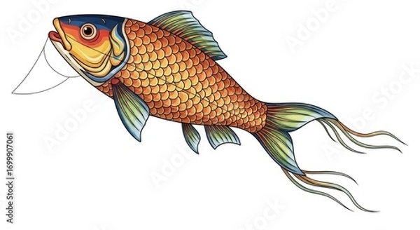 Fototapeta A colorful, stylized koi fish illustration, depicted in vibrant hues and intricate details against a plain white backdrop.