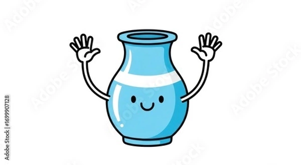 Fototapeta A friendly, light-blue vase with cartoonish arms, waving hello, stands out against a plain white background.