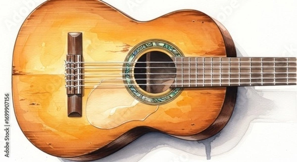 Fototapeta A detailed watercolor illustration of a classical guitar, showcasing its warm, honey-colored wood and intricate inlays.
