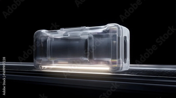 Fototapeta x-ray style image of suitcase contents on conveyor belt glowing edges no text high contrast illustration concept scene visual for commercial design use high detail quality stock image illustration