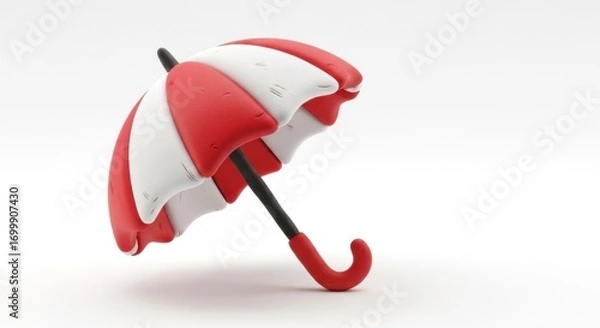 Fototapeta A stylized, 3D-rendered red and white umbrella, angled and presented against a plain white background, features a playful, cartoon-like aesthetic.