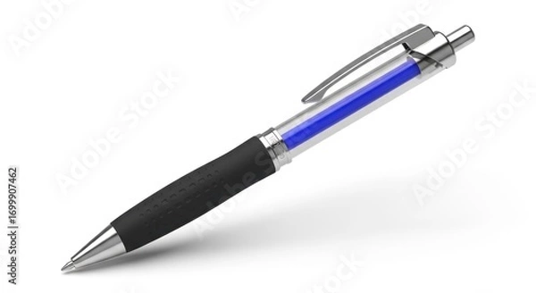 Fototapeta A sleek, modern ballpoint pen angled on a plain white background, showcasing its metallic accents and vibrant blue ink cartridge.