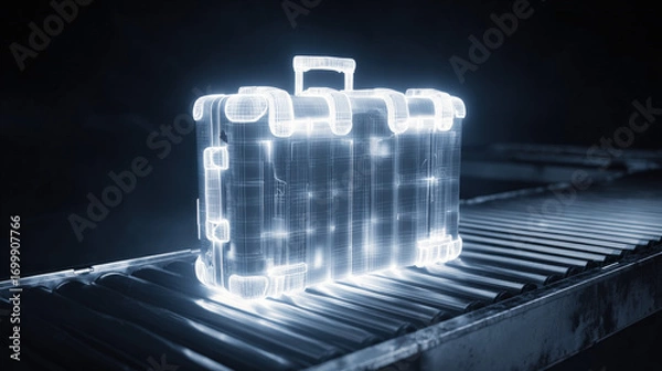 Fototapeta x-ray style image of suitcase contents on conveyor belt glowing edges no text high contrast illustration concept scene visual for commercial design use high detail quality stock image illustration
