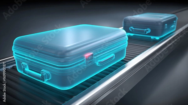 Fototapeta x-ray style image of suitcase contents on conveyor belt glowing edges no text high contrast illustration concept scene visual for commercial design use high detail quality stock image illustration