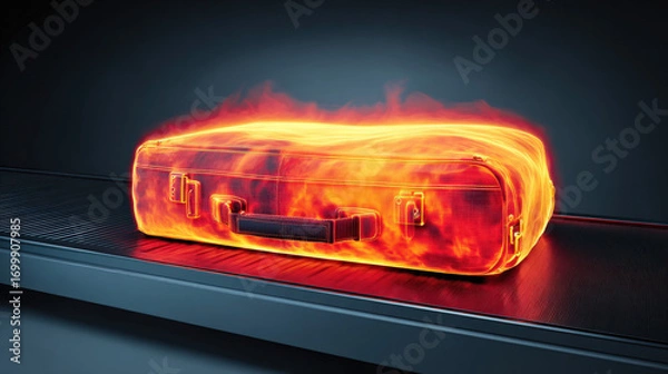 Fototapeta x-ray style image of suitcase contents on conveyor belt glowing edges no text high contrast illustration concept scene visual for commercial design use high detail quality stock image illustration