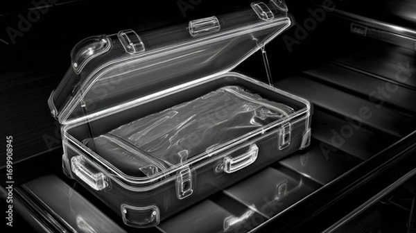 Fototapeta x-ray style image of suitcase contents on conveyor belt glowing edges no text high contrast illustration concept scene visual for commercial design use high detail quality stock image illustration