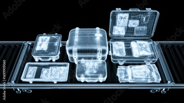 Fototapeta x-ray style image of suitcase contents on conveyor belt glowing edges no text high contrast illustration concept scene visual for commercial design use high detail quality stock image illustration