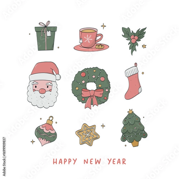 Fototapeta Happy New Year greeting card decorated with cute doodles, cartoon elements. Good for posters, stickers, prints, banners, invitations design. EPS 10