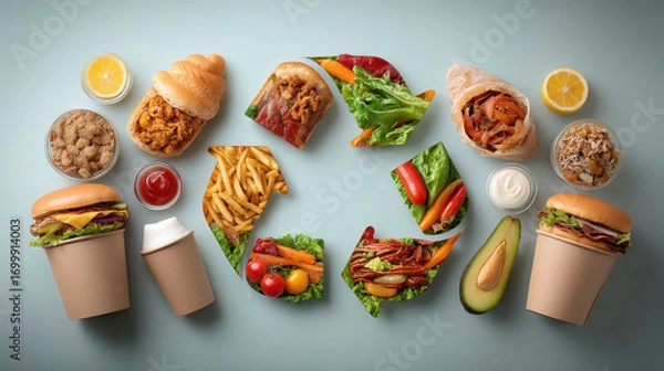 Fototapeta Food waste lifecycle illustrated with various food items arranged in circular pattern, emphasizing sustainability and environmental awareness