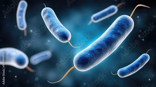 Fototapeta Blue bacteria microorganism pathogen infection science closeup microscopic medical health disease floating abstract background detailed texture scientific research