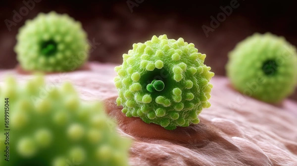 Fototapeta Green bacteria cell microscopic view detailed surface texture spherical shape infectious microorganism science concept closeup biology health medical research