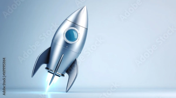 Fototapeta Sleek rocket ship metallic finish futuristic style blue window launching minimal background technology innovation imagination