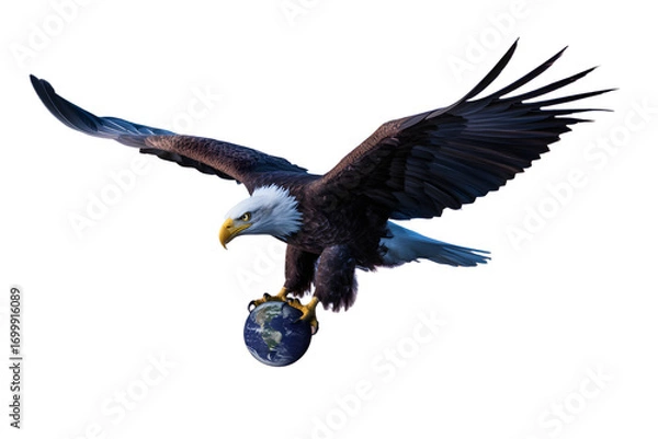 Fototapeta Bald eagle soars with the world in its talons isolated on transparent background
