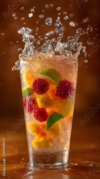 Fototapeta Refreshing fruit cocktail splash with lime, raspberry, and mango in glass
