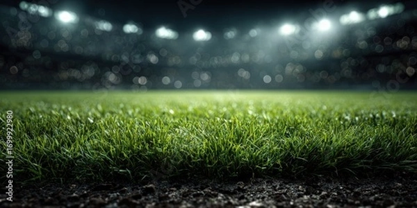 Fototapeta Close-up view of green stadium grass with blurred crowd and lights in the background