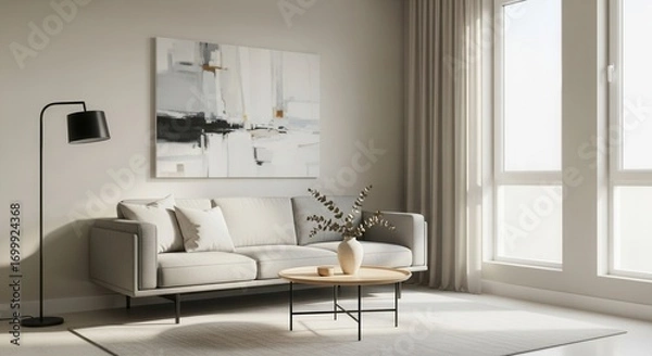 Obraz A bright modern living room featuring a grey sofa round wood coffee table abstract wall art and a black floor lamp