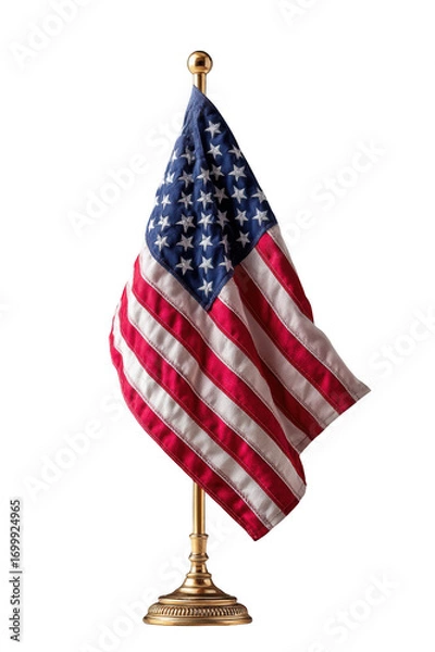 Fototapeta Small American flag made of thin fabric, displayed on a gold stand isolated on a clipped PNG transparent background