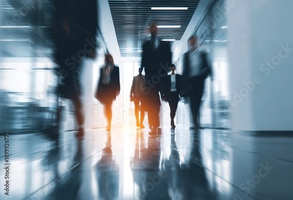 Fototapeta Office walking, business and team with moving speed in a office ready for morning working. Corporate worker, company employee group and staff walk together with a blur, action and fast workplace