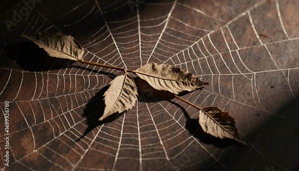 Fototapeta A dry autumn leaf caught on an intricate spiderweb. Close-up of a delicate natural pattern on a dark rustic background. Fall or Halloween concept.