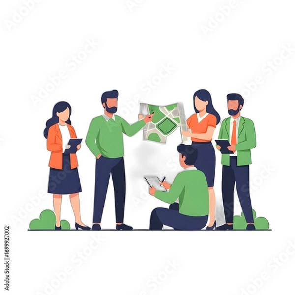 Fototapeta A team collaborates, reviewing a city map for a project, brainstorming ideas and strategies.