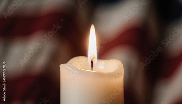 Fototapeta A burning candle with a blurred American flag in the background. Solemn concept of remembrance and memorial. Patriotic tribute for a national holiday.