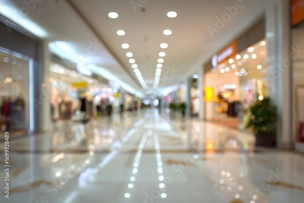 Fototapeta Abstract blur shopping mall corridor. Blurred retail and hall interior in department store. Defocused bokeh effect background or backdrop for business concept. High quality