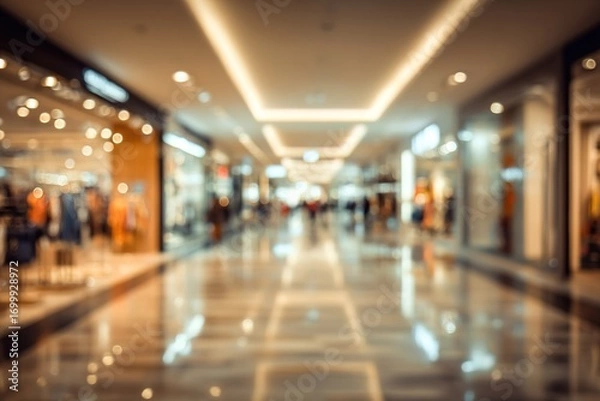 Fototapeta Abstract blur shopping mall corridor. Blurred retail and hall interior in department store. Defocused bokeh effect background or backdrop for business concept. High quality