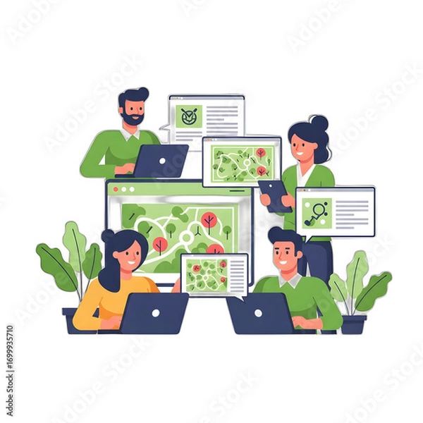 Fototapeta Collaborative team mapping a park using laptops and digital devices.