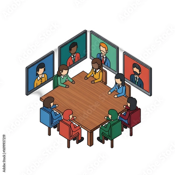 Fototapeta Hybrid business meeting: colleagues collaborate around a table, connected virtually with remote participants via video screens.