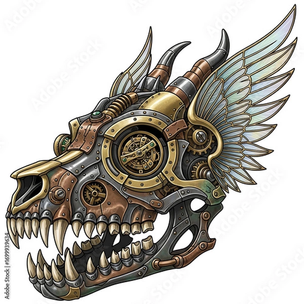 Fototapeta Steampunk dragon head with intricate gears and wings isolated on white background a mechanical marvel