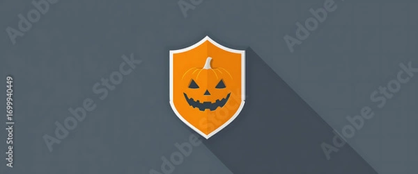 Fototapeta Cyber shield icon with a carved pumpkin face cutout in the middle, flat two-color palette (orange and gray), centered composition, minimal.