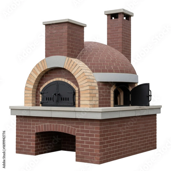 Obraz Authentic brick pizza oven with dual chimneys ready for outdoor cooking and baking transparent background
