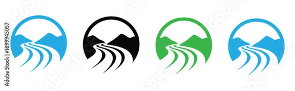 Fototapeta Vector art of four colorful mountain road icons, showcasing a winding path through mountain ranges in blue, black, green, and turquoise hues, representing travel and adventure.  icon vector illustrati