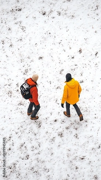 Fototapeta Overhead view of two people in vibrant winter jackets walking across a snow-dusted, uneven terrain
