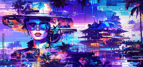 Fototapeta サイバーパンク レトロフューチャー ネオン カラフル 派手 幻想的 アーバン ビーチ パームツリー ファッション サングラス 帽子 花柄 女性 テクノロジー 未来 芸術 デジタルアート 仮想空間 夢