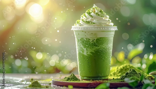 Fototapeta Icy Blended Matcha Frappé in Clear Cup with Dome Lid and Whipped Cream Topping