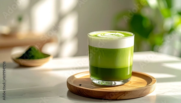 Fototapeta Pandan Matcha Latte with Layered Green and Cream Colors in Glass Cup on Wooden Coaster