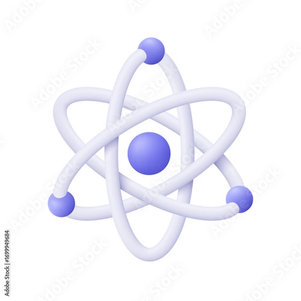 Fototapeta Atom model with a central nucleus and orbiting electrons. Nuclear energy, scientific research, molecular chemistry, physics science and research concept. 3d vector icon. Cartoon minimal style.